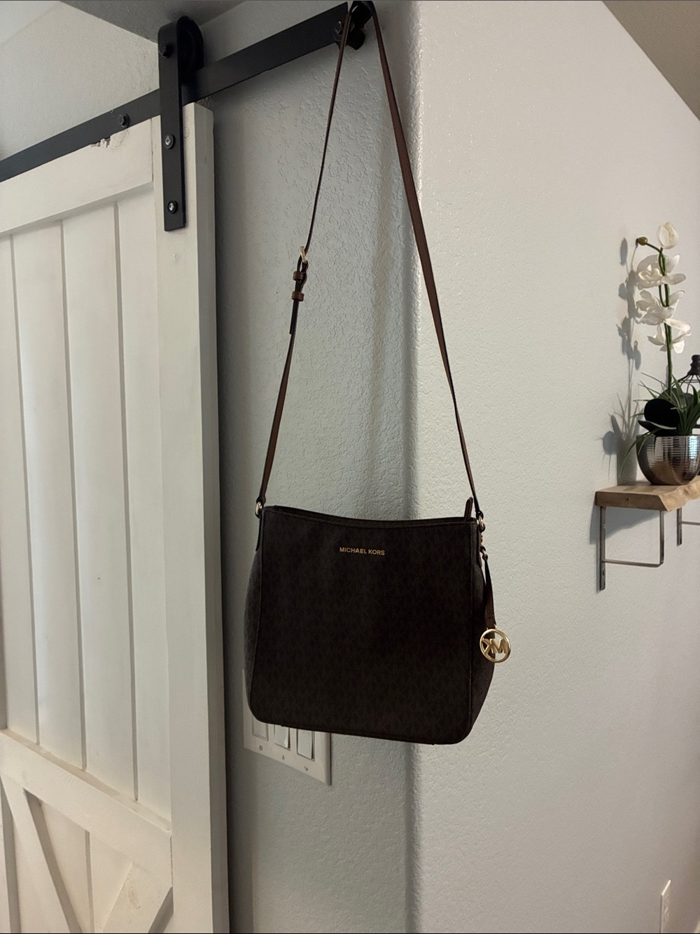 NWOT!!! Michael Kors Dark Brown Monogram Crossbody with Gold Charm